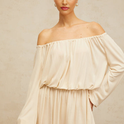 Adelina Neutrals Mini Dress with Cold Shoulder Detailing and Long Sleeves