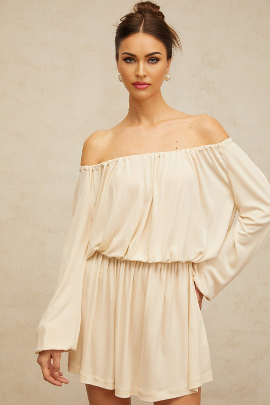 Adelina Neutrals Mini Dress with Cold Shoulder Detailing and Long Sleeves