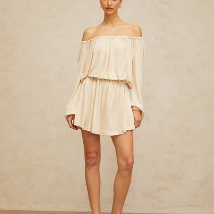 Adelina Neutrals Cold Shoulder Mini Dress Long Sleeves Shirred Effect Stretch Band Tailored Silhouette Structured Design Mini Length 100% Terylene Fiber