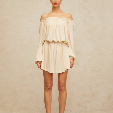 Adelina Neutrals Mini Dress Cold Shoulder Long Sleeves Shirred Effect Stretch Band Tailored Silhouette Structured Design Mini Length Terylene Fiber Luxury Statement Piece Contemporary Fashion Timeless Allure