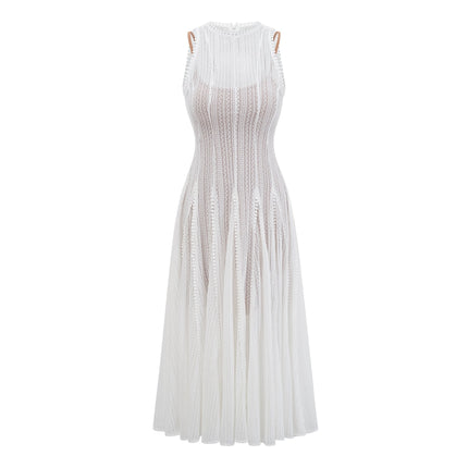 Adelina White Crochet Knit Puff Skirt Midi Dress