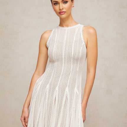 Adelina White Crochet Knit Puff Skirt Midi Dress
