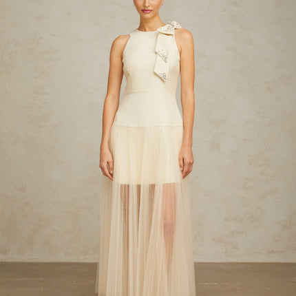 Adelina White Crystal Embellished Midi Dress with Bow Detail