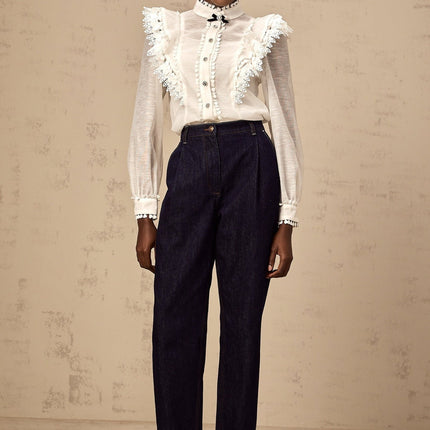 Adelina White Lace Trim Ruffled Shirt Crystal Buttons Bow Embellishment Mock Neck Long Sleeves Terylene Fiber