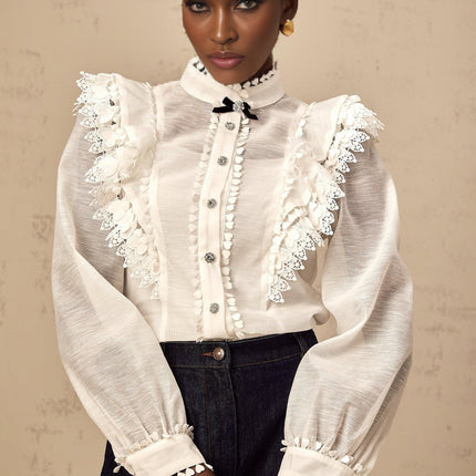Adelina White Lace Trim Ruffled Shirt Crystal Buttons Bow Embellishment Mock Neck Long Sleeves Terylene Fiber
