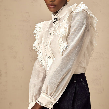 Adelina White Lace Trim Ruffled Shirt Crystal Buttons Bow Embellishment