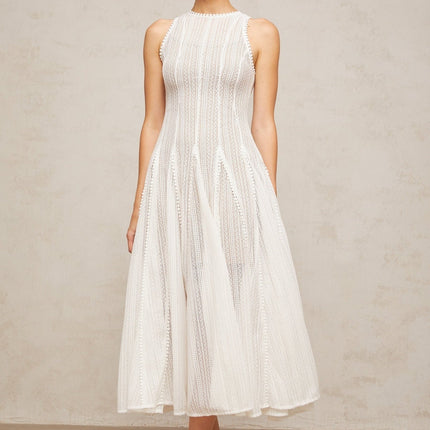 Adelina White Midi Dress Pointelle Puff Skirt Terylene Spandex