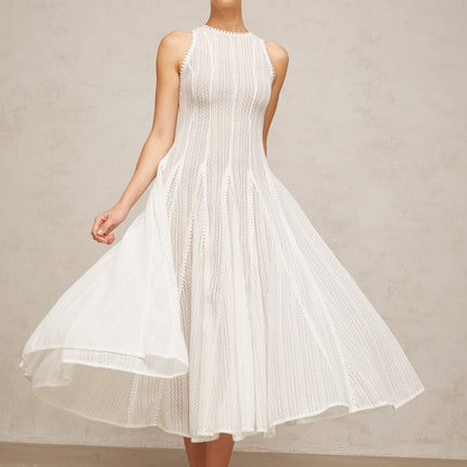 Adelina White Midi Dress Pointelle Puff Skirt Terylene Spandex