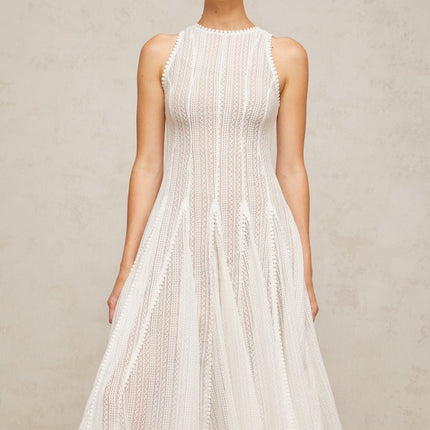 Adelina White Midi Dress Pointelle Puff Skirt Terylene Spandex