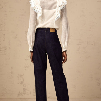 Adelina White Lace Trim Ruffled Shirt Crystal Buttons Bow Embellishment Mock Neck Long Sleeves Terylene Fiber