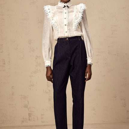 Adelina White Lace Trim Ruffled Shirt Crystal Buttons Bow Embellishment Mock Neck Long Sleeves Terylene Fiber