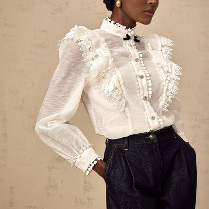 Adelina White Lace Trim Ruffled Shirt Crystal Buttons Bow Embellishment