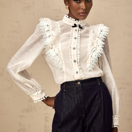 Adelina White Lace Trim Ruffled Shirt Crystal Buttons Bow Mock Neck Long Sleeves Terylene Fiber