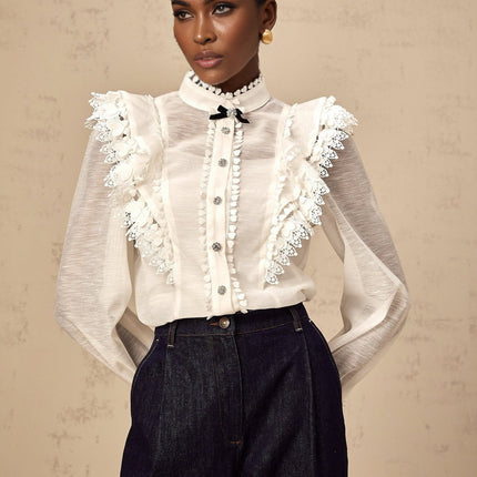 Adelina White Lace Trim Ruffled Shirt Crystal Buttons Bow Embellishment