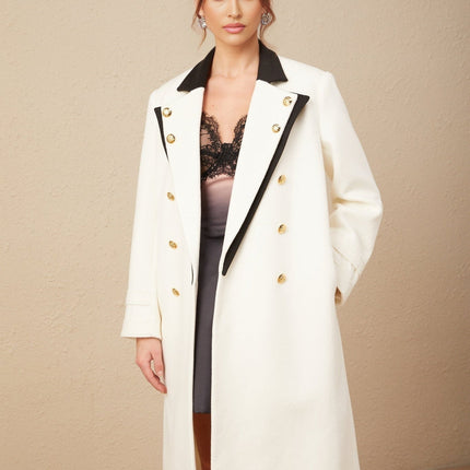 Adelyn White Black Blazer Wool Blend Double Breasted Gold Buttons Long Length Elegant Modern Chic