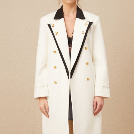 Adelyn White Black Blazer Wool Blend Double Breasted Gold Buttons Wide Lapels Long Length Elegant Versatile Chic