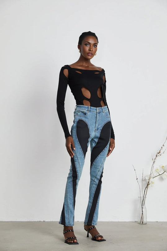 Adelyn Jeans Spiral Panelled Light Blue & Black