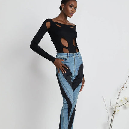 Adelyn Jeans Spiral Panelled in Light Blue & Black denim