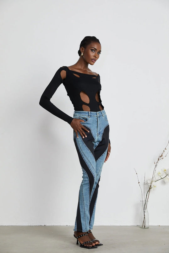 Adelyn Jeans Spiral Panelled in Light Blue & Black denim