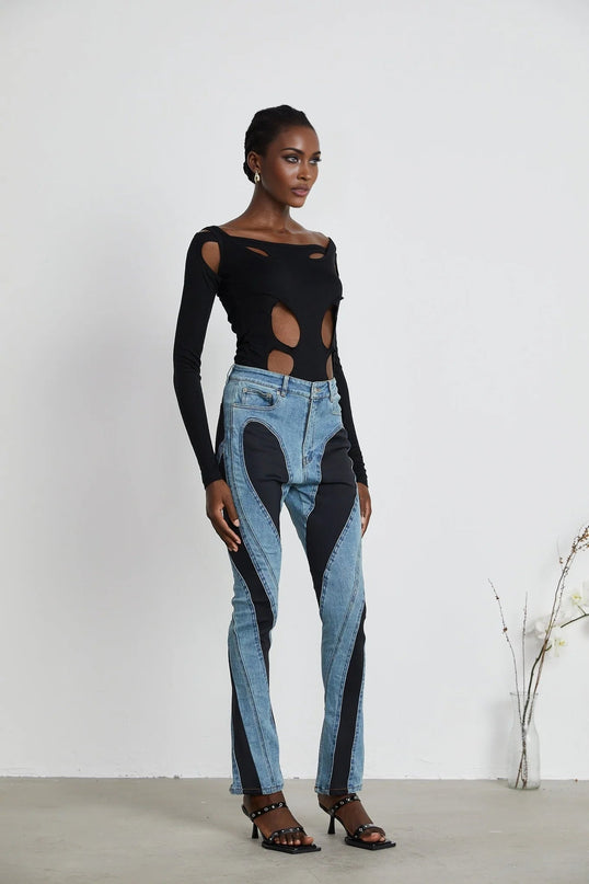 Adelyn Jeans Spiral Panelled in Light Blue & Black denim