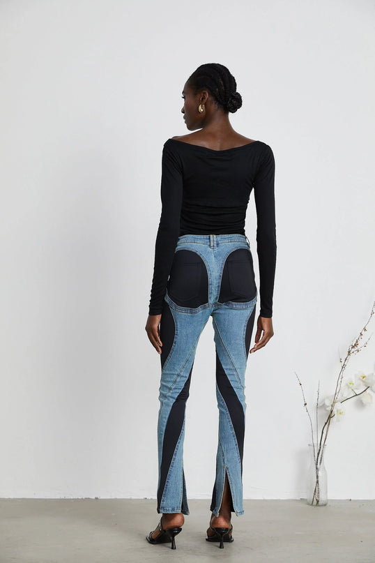 Adelyn Jeans Spiral Panelled in Light Blue & Black Denim