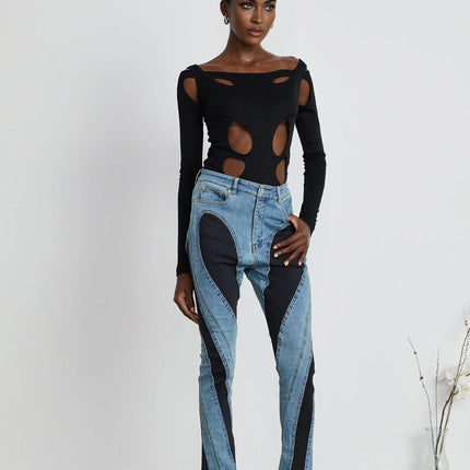 Adelyn Jeans Spiral Panelled in Light Blue & Black denim