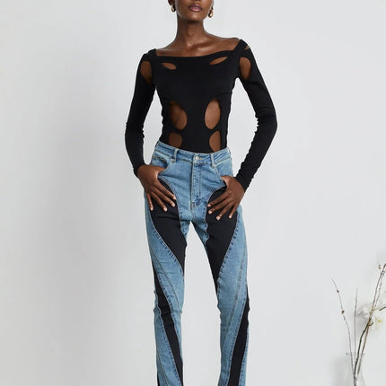 Adelyn Jeans Spiral Panelled Light Blue & Black
