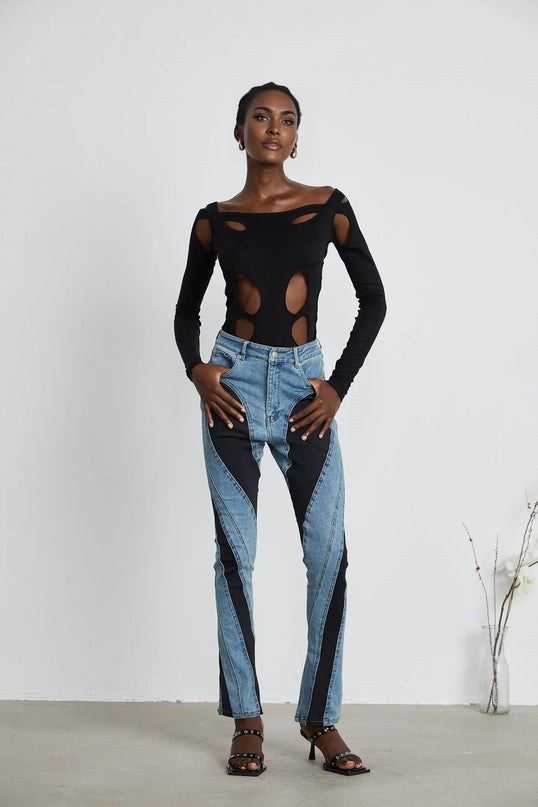 Adelyn Jeans Spiral Panelled Light Blue & Black