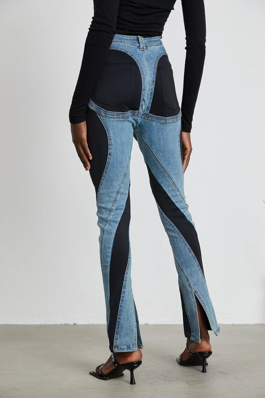 Adelyn Light Blue & Black Spiral Panelled Jeans