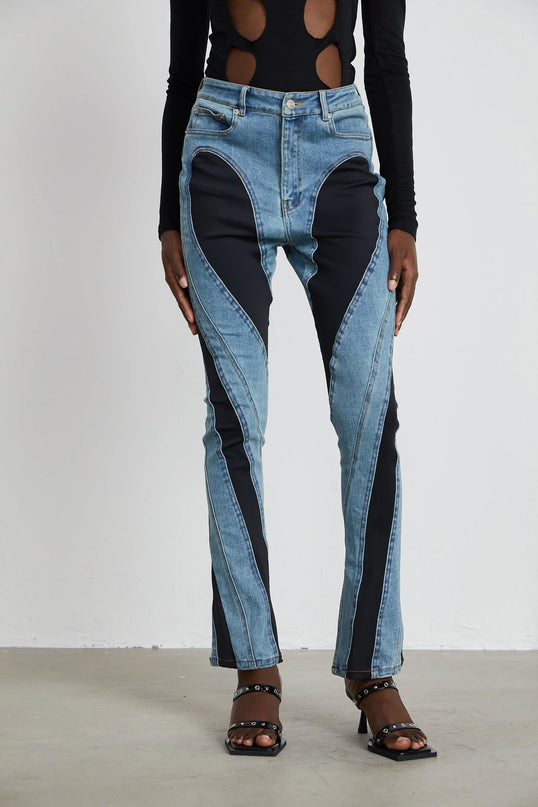 Adelyn Spiral Panelled Light Blue & Black Jeans