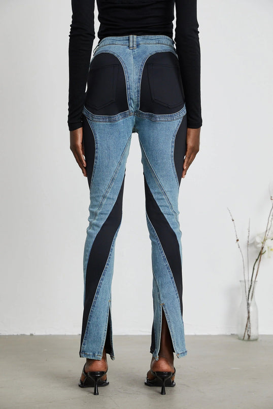 Adelyn Spiral Panelled Light Blue & Black Jeans