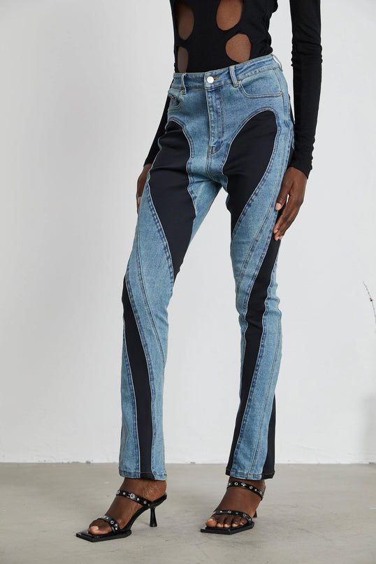 Adelyn Spiral Panelled Light Blue & Black Jeans