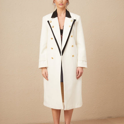 Adelyn White and Black Color Blocked Wool Blend Blazer with Gold-Tone Buttons