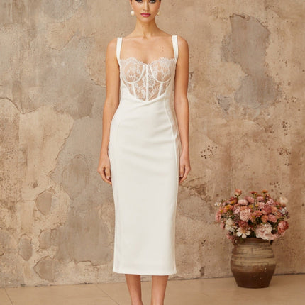 Adriana White Lace Panel Corset Midi Dress with Sweetheart Neckline