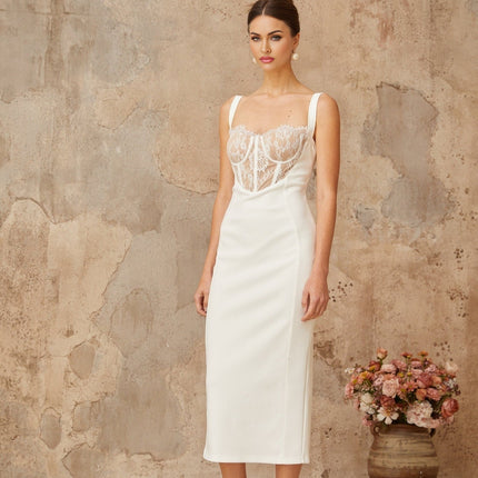 Adriana White Lace Panel Corset Midi Dress with Rear Slit Sweetheart Neckline Adjustable Straps