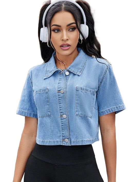 Adrianna Cropped Denim Jacket with Pockets in Blue - Blue