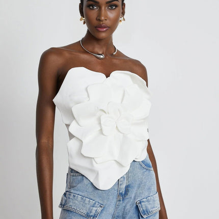 Adrianna White Floral Appliqué Off-Shoulder Top Sleeveless Cropped Rear Zip 100% Polyester