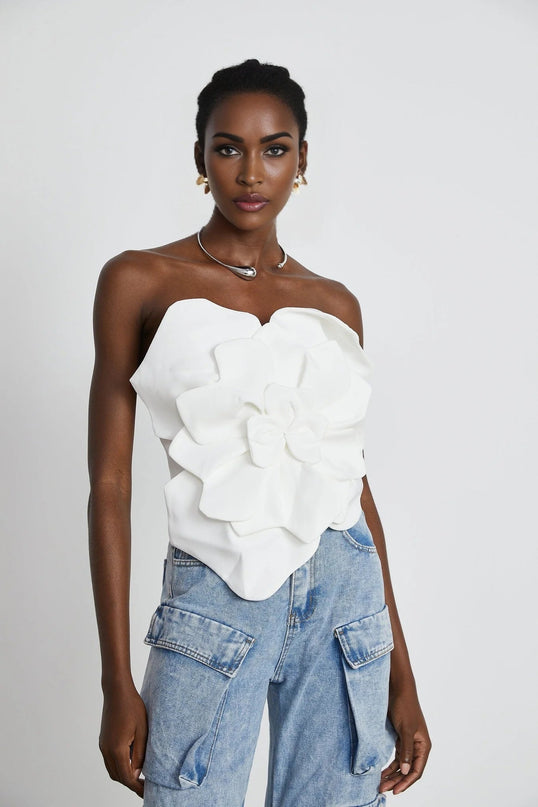 Adrianna White Floral Appliqué Off-Shoulder Top Sleeveless Cropped Rear Zip 100% Polyester