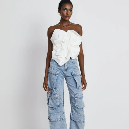 Adrianna White Floral Top 100% Polyester Sleeveless Off-Shoulder Cropped Silhouette Rear Zip Fastening Elegant Chic Fashion