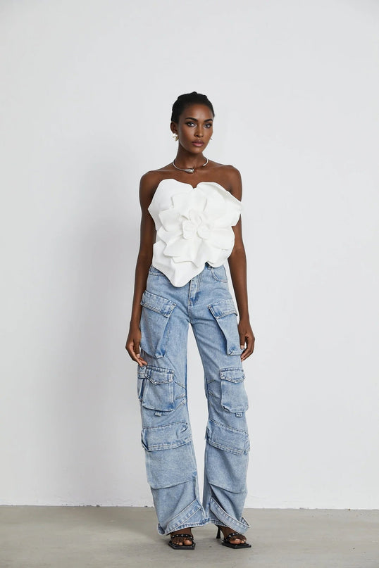 Adrianna White Floral Top 100% Polyester Sleeveless Off-Shoulder Cropped Silhouette Rear Zip Fastening Elegant Chic Fashion