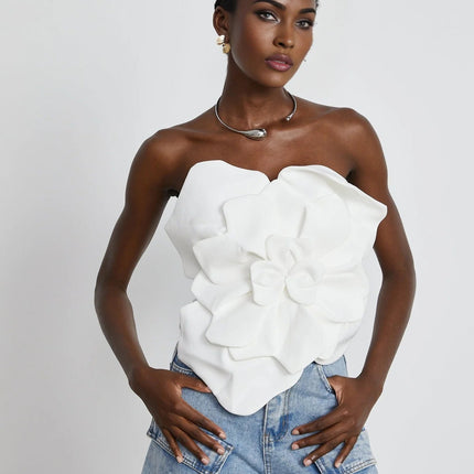 Adrianna White Floral Appliqué Off-Shoulder Top Polyester Sleeveless Cropped Zip Fastening