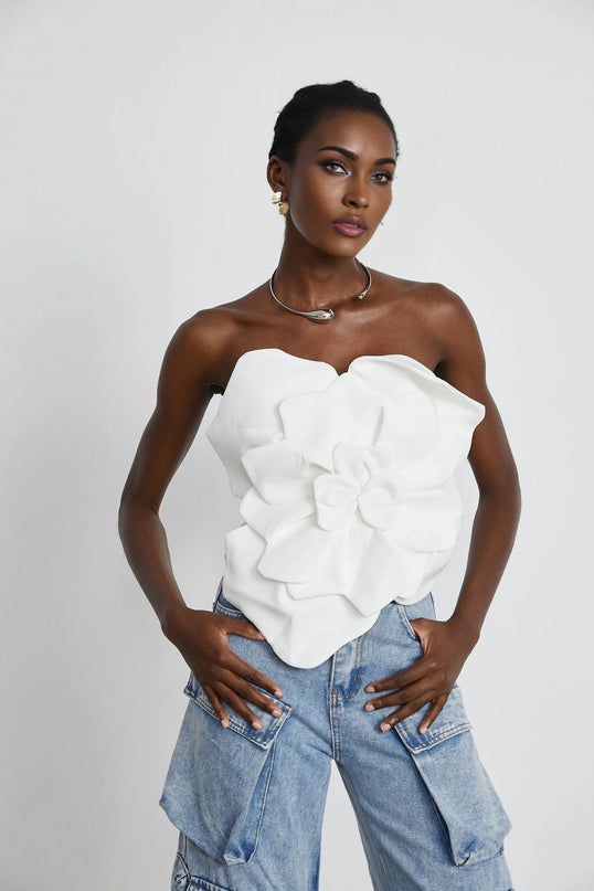 Adrianna White Floral Appliqué Off-Shoulder Top Polyester Sleeveless Cropped Zip Fastening