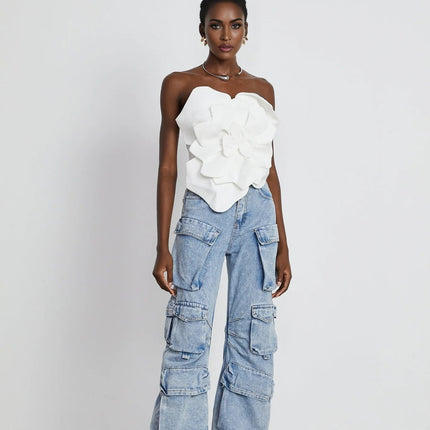 Adrianna White Floral Appliqué Off-Shoulder Top Sleeveless Cropped Silhouette Rear Zip Fastening 100% Polyester Fiber