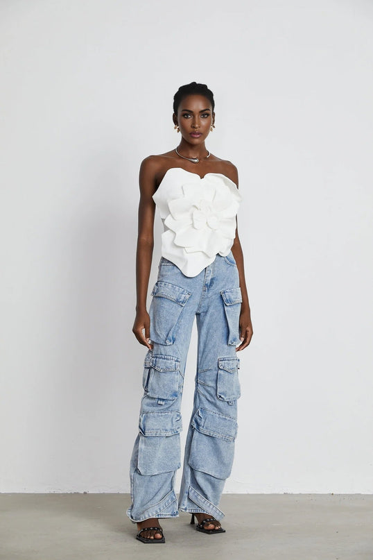 Adrianna White Floral Appliqué Off-Shoulder Top Sleeveless Cropped Silhouette Rear Zip Fastening 100% Polyester Fiber