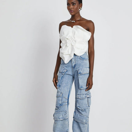 Adrianna White Floral Top Off-Shoulder Sleeveless Cropped Elegant Blouse
