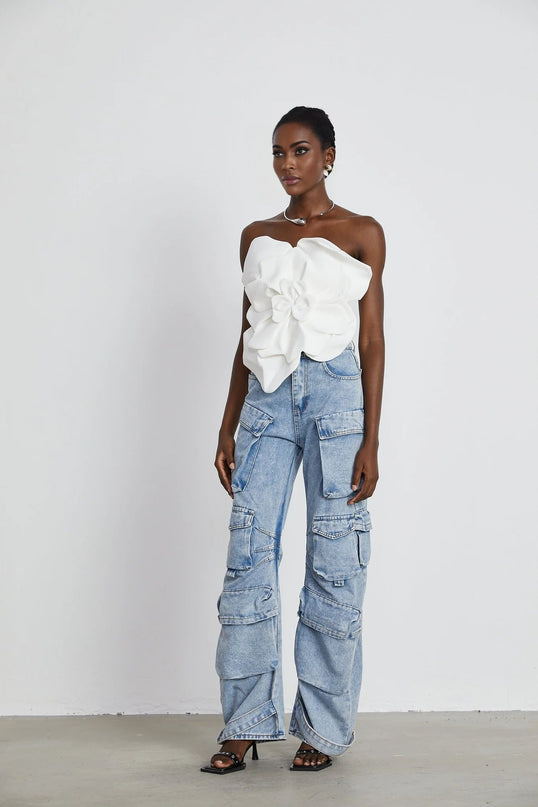Adrianna White Floral Top Off-Shoulder Sleeveless Cropped Elegant Blouse