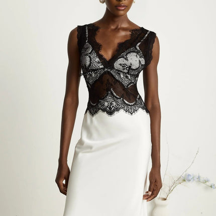 Adrianna White Lace Maxi Dress with V-Neck and Flared Hem