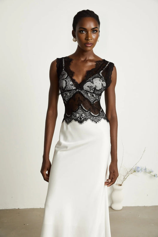 Adrianna White Lace Maxi Dress with V-Neck and Flared Hem