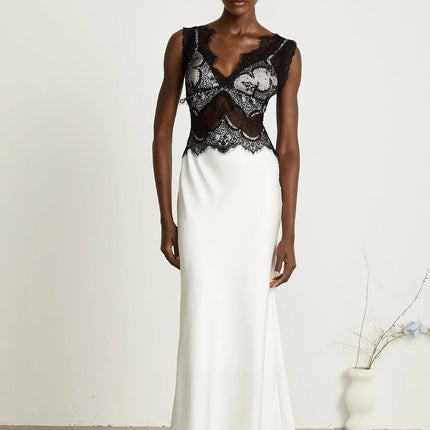 Adrianna White Lace Maxi Dress with V-Neck and Flared Hem in Satin Fabric