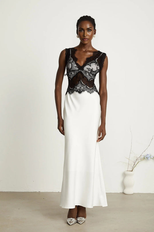 Adrianna White Lace Maxi Dress with V-Neck and Flared Hem in Satin Fabric